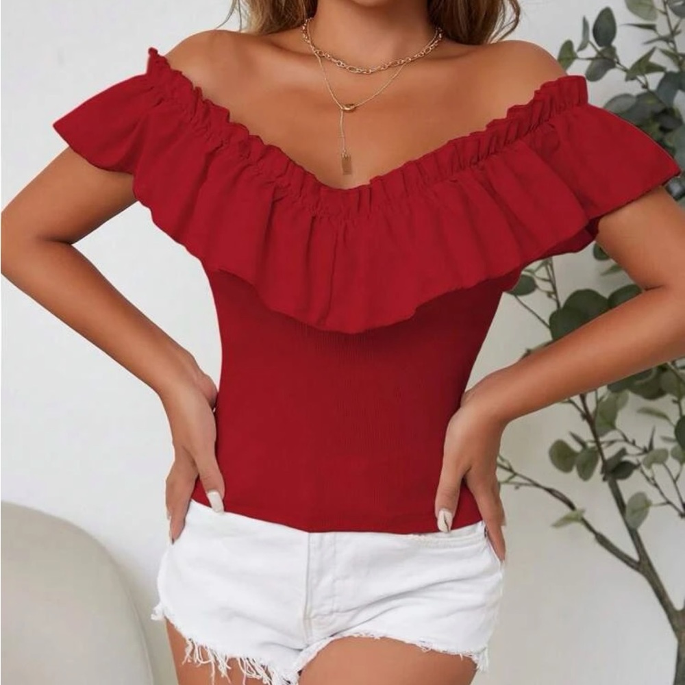 Solid Off Shoulder Ruffle Trim Tee - Picture 3 of 4